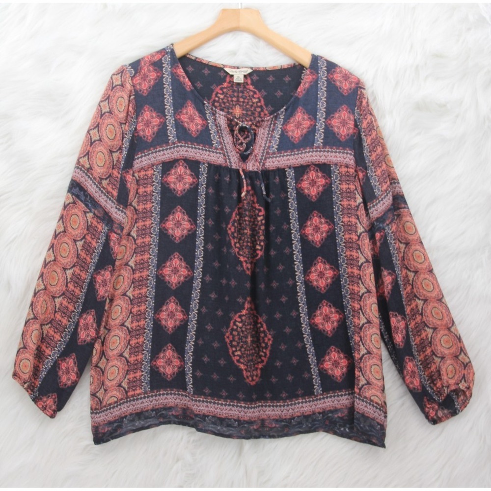 Lucky Brand Tunic Top Women XL Orange Blue Geometric Long Sleeve Boho Indie - Picture 1 of 12